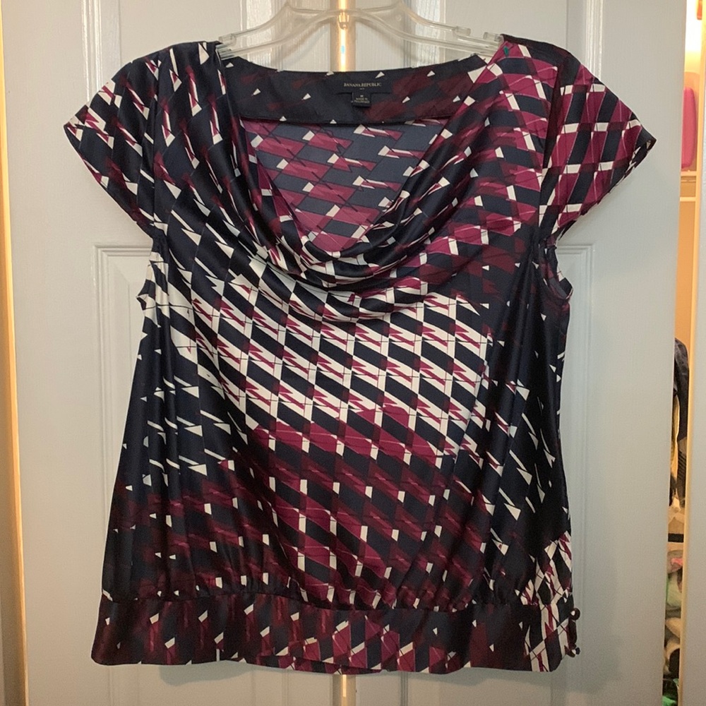 Banana Republic Navy, Burgundy & White Geometric Cowl Neck Top